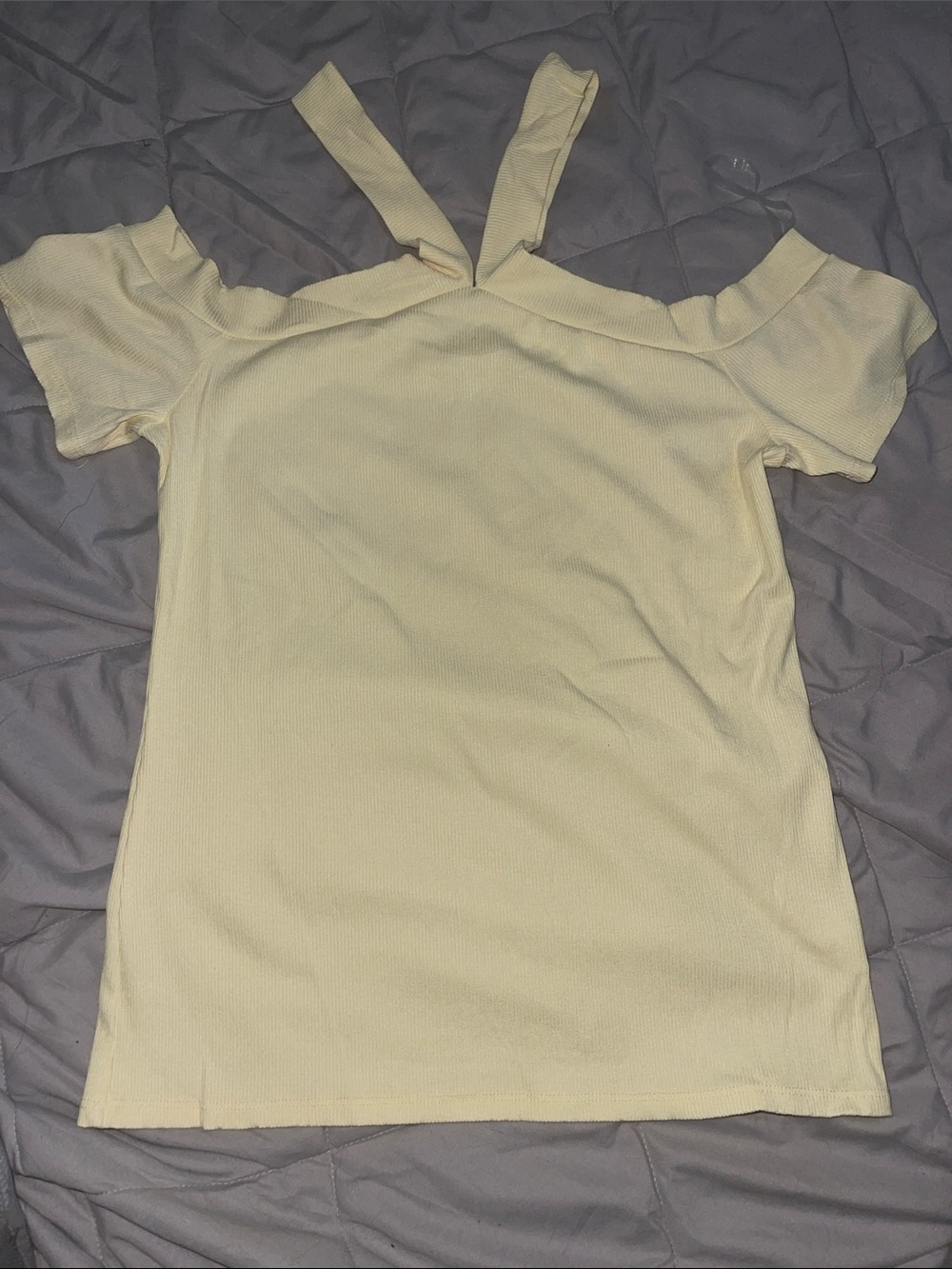 Cherish Ribbed Knit Short Sleeve Cold Shoulder Top Pale Yellow Medium